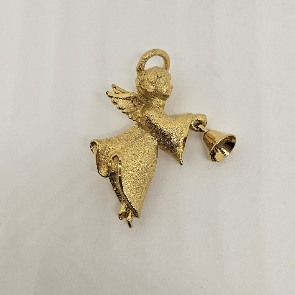 Angel Brooch Pin Bell Gold Tone RR Robin Rush Signed Halo Bell